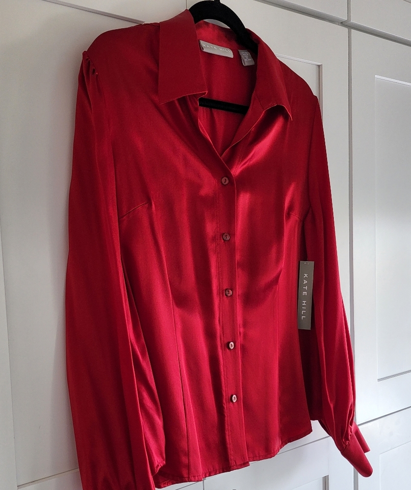 NWT Kate Hill Silk Blouse Red Size 14 - Picture 3 of 9